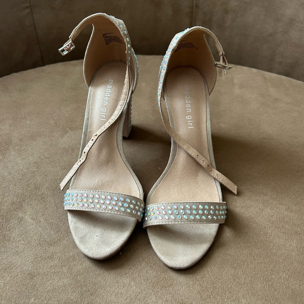 Madden Girl Tan Heeled Sandals with Rhinestone Accents